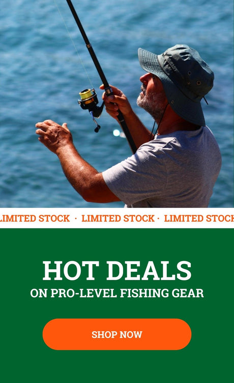 Man fishing with a rod by the seaside under a clear sky, featuring fishing gear promotions with a "Shop Now" button.