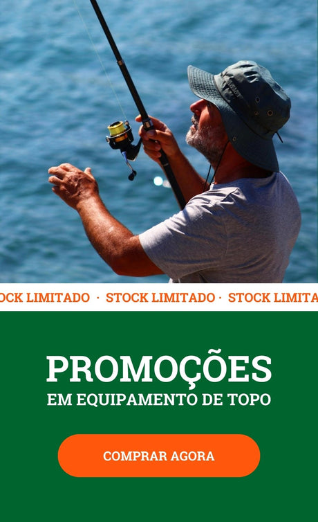 Homem a pescar com cana à beira-mar, sob céu limpo, com destaque para promoções de equipamento de pesca com botão "Comprar Agora".